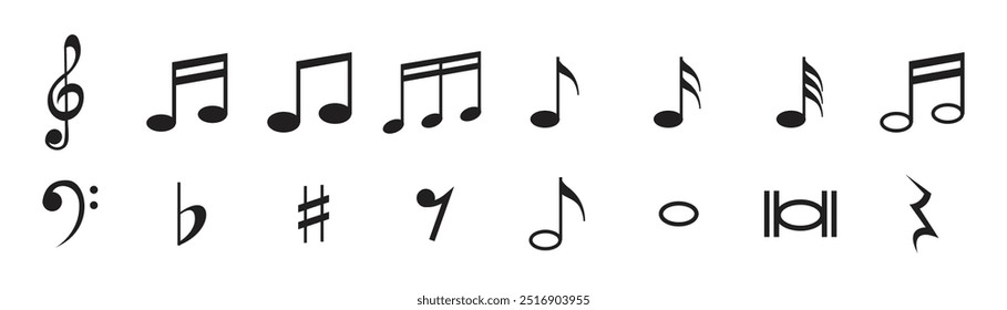 Conjunto de iconos de notas musicales. Símbolo de notas musicales. Símbolo de notas negras sobre fondo blanco. Ilustración vectorial