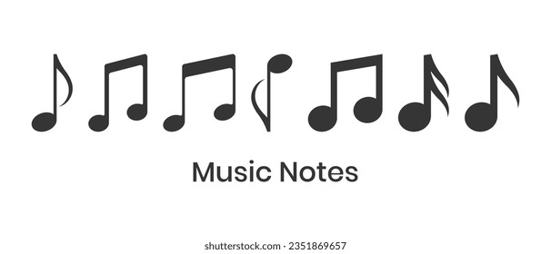 Music Notes Icons Vector In Trendy Flat Style, Musical Notes Vector Illustration, Melody, Tune, Rhythm, Opera, Lyric Sign, Composition, Cords, Design Elements, Tone Musical Notes On White Background