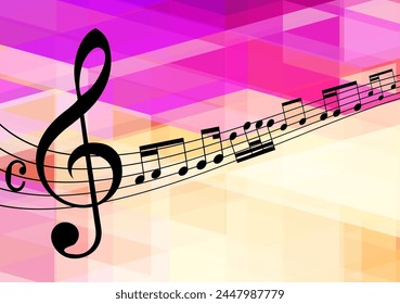 music notes illustration with wave melody, background triangles design element, silhouette black musical melody clef