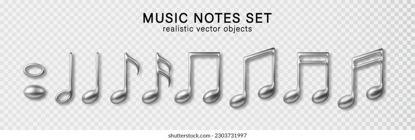 Music notes isolated 3d icons. Vector realistic silver metallic note symbols isolated on transparent background.