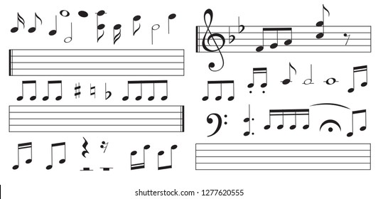 Music notes and keys on white background. Piano keys. Treble clef. Hand drawn effect vector. G-clef. Scribbles. Audio. Piano. Symphony. Song. Sing. Melody. Classic music.