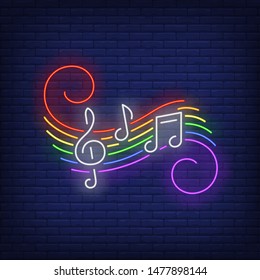 Music notes with LGBT colors neon sign. Homosexuality, tolerance, discrimination design. Night bright neon sign, colorful billboard, light banner. Vector illustration in neon style.