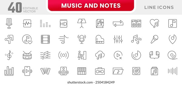 Music and notes line icon collection. Note, musical key signs, music, audio and music notes line icon set. UI outline icon pack