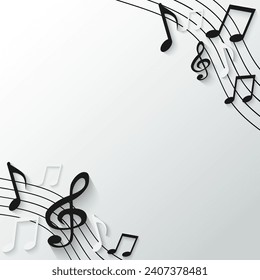 Music notes melody background. Black notes symbols on white background. light and shadow. Vector.