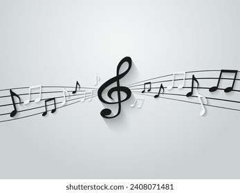 Music notes melody background. Black notes symbols on white background. light and shadow. Vector.