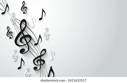 Music notes melody background. Black notes symbols on white background. light and shadow. Vector.