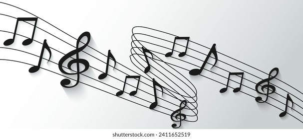 Music notes melody background. Black notes symbols on white background. light and shadow. Vector.