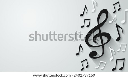 Music notes melody background. Black notes symbols on white background. light and shadow. Vector.