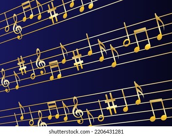 Music notes melody background. Gold notes symbols on dark blue background. Vector.