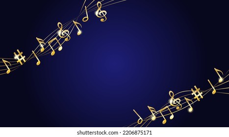 Music notes melody background. Gold notes symbols on dark blue background. Vector.