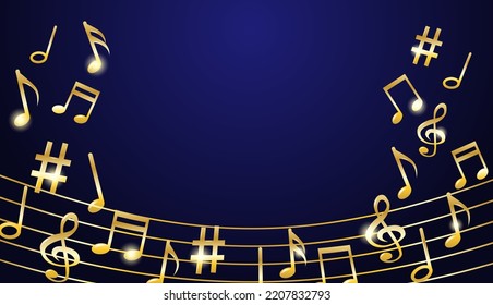 Music notes melody background. Gold notes symbols on dark blue background. Vector.