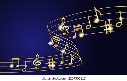 Music notes melody background. Gold notes symbols on dark blue background. Vector.