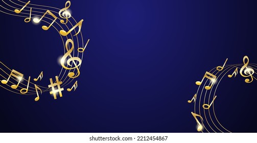 Music notes melody background. Gold notes symbols on dark blue background. Vector.