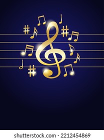 Music notes melody background. Gold notes symbols on dark blue background. Vector.