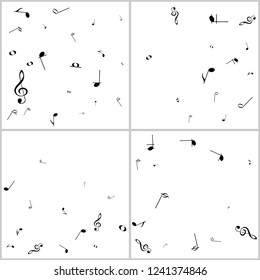 Music notes. Mensural musical notation. Black notes symbols. Note value.Music staff. Abstract musical backgrounds. Vector illustration set.