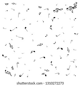 Music notes. Mensural musical notation. Black notes symbols.  Music staff. 