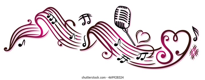 Music notes with microphone and hearts, cherry red.