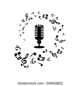 Music notes and microphone on white background. Vector illustration