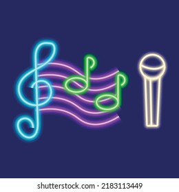 Musik und Mikrofon. Sound Design. Nachthelle, helle Vektorgrafik im Neonstil. Weiß, blau, grün und violett