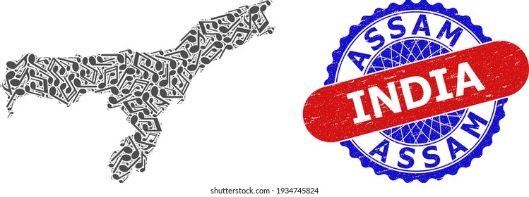 Music Notes Mosaic for Assam State Map and Bicolor Scratched Rubber Stamp