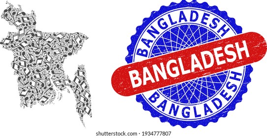 Music Notes Mosaic for Bangladesh Map and Bicolor Textured Seal Stamp