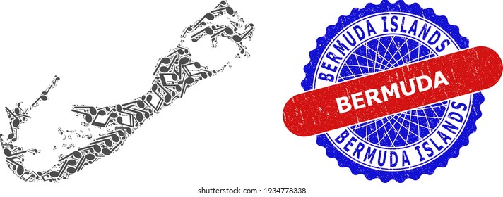 Music Notes Mosaic for Bermuda Islands Map and Bicolor Grunge Seal Stamp