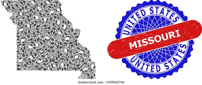 Music Notes Mosaic for Missouri State Map and Bicolor Textured Seal