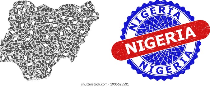 Music Notes Mosaic for Nigeria Map and Bicolor Scratched Stamp