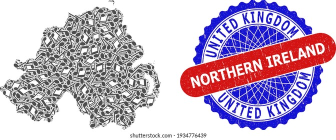 Music Notes Mosaic for Northern Ireland Map and Bicolor Distress Stamp Badge