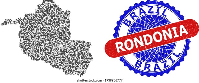 Music Notes Mosaic for Rondonia State Map and Bicolor Textured Seal