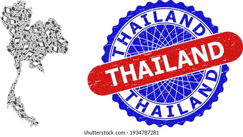 Music Notes Mosaic for Thailand Map and Bicolor Distress Seal Stamp