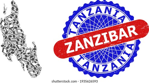 Music Notes Mosaic for Zanzibar Island Map and Bicolor Grunge Stamp