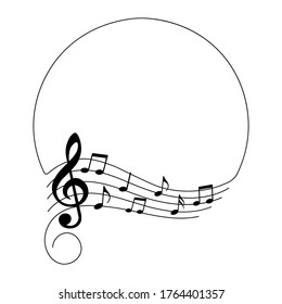 Music notes, musical background with circle frame, vector illustration.