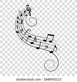 Music notes, musical elements with swirls, vector illustration.