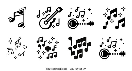 Music Notes and Musical Instruments Icon Set, Black Acoustic Guitar, Banjo, Clef, Sound Wave, Sparkle Symbols, Audio Song Elements, Concert and Band Vector Graphic Isolated Illustration