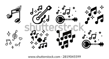 Music Notes and Musical Instruments Icon Set, Black Acoustic Guitar, Banjo, Clef, Sound Wave, Sparkle Symbols, Audio Song Elements, Concert and Band Vector Graphic Isolated Illustration