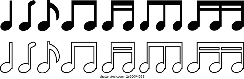 Music notes Musical key signs icon in flat, line style set. Vector for apps and website solid pictogram Black musical Simple symbol elements isolated on transparent background.