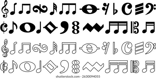 Notas musicais Ícone de sinais de teclas musicais em um conjunto de estilos de linha achatado. Vetor para aplicativos e pictograma sólido do site Elementos de símbolo simples musicais negros isolados em fundo transparente.