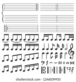 Music notes. Musical melody notation, note tone and treble clef swirl shape. Notes or sketch drawn classic piano note black silhouette isolated icons vector set