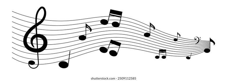 Music notes. Musical notes stave line pattern symbols icon Treble clef and notes for black design on a white background. Symbol with music notes.
