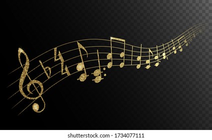 Music notes. Musical symphony. Gold waving melody. Golden silhouette notes and wave line isolated on background. Music elements and symbols for design prints. Tune notes and clef on waves swirl