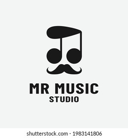 Music Notes and Mustache for Mr Music Logo Design Template. This logo represents musical notes as hair and a man wearing sunglasses. Suitable for music labels, recording studios, or DJ.