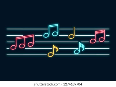 Music Notes Neon Sign Border. Led Concept For Music Store With Clef. Vector Isolated Illustration.