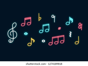 Music notes neon sign. Led Concept for music store with clef. Vector isolated illustration.