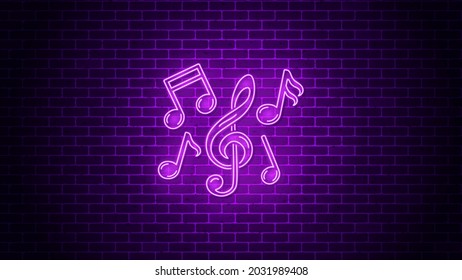 Music notes neon sign. Vector illustration.