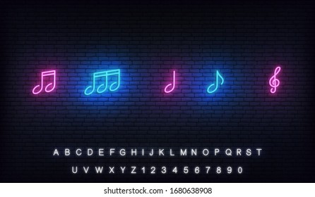 Music notes neon template. Musical notes glowing sign