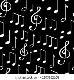 Music notes, notation sketches seamless pattern isolated on black background. Sounds and tunes vector, clef treble with quarter musical composition