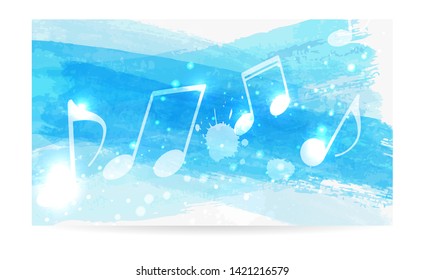 Music notes on blue paint brushed abstract watercolor background. Musical concept background.