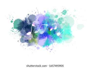 Music notes on colorful abstract watercolor background.  Green and blue colored grunge painted splash