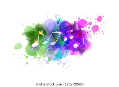 Music notes on colorful abstract watercolor background. Purple, green and blue colored grunge painted splash